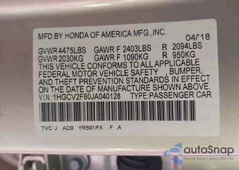 2018 Honda Accord Ex-L 2.0T z USA, uszkodzony, nr VIN 1HGCV2F60JA040128